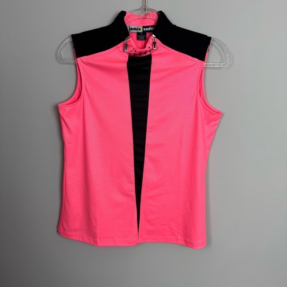 JAMIE SADOCK | Neon Coral Pink and Black Zipper Tank Top Women’s Size Small - Picture 2 of 9
